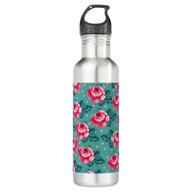 Bouteille D'eau Pretty Pink Roses and Polka Dot Pattern on Teal (Devant)