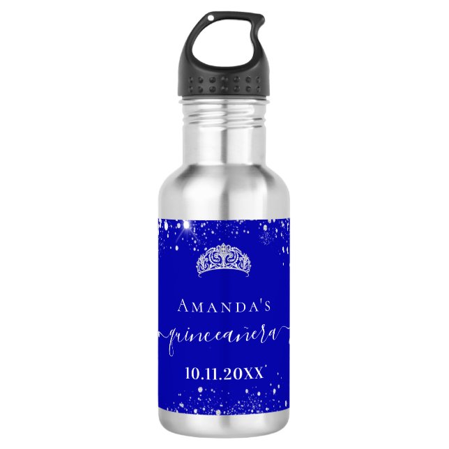 Bouteille D'eau Quinceanera royal bleu argent parties scintillant  (Devant)