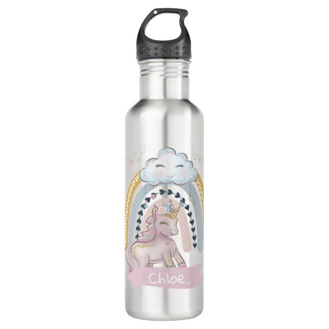 Bouteille D'eau 🦄 Rainbow Unicorn Girl Nom personnalisé (Devant)