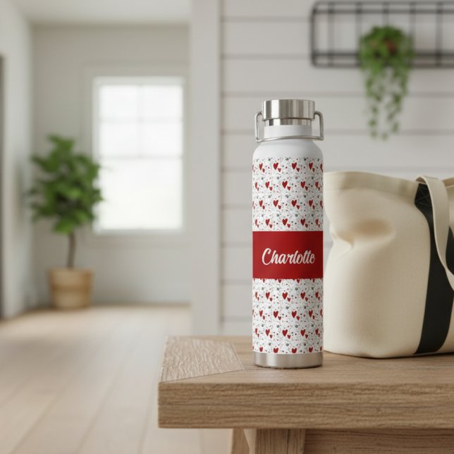 Bouteille D'eau Red Black Modern Hearts Retro Monogram Name (cute red and black retro hearts water bottle with name monogram)