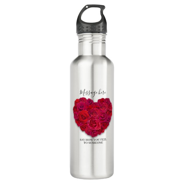 Bouteille D'eau Red Rose Heart Romantic Floral Custom Text (Devant)