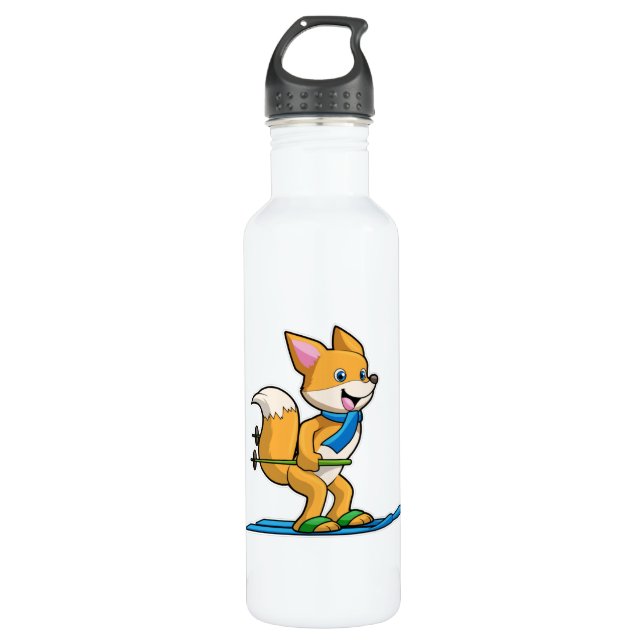 Bouteille D'eau Renard en ski avec des pôles de ski (Devant)