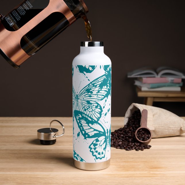 Bouteille D'eau Rendu magnifique de papillons aux contours bleus (Café)