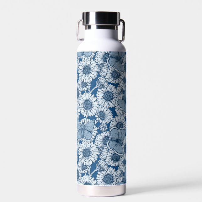 Bouteille D'eau Ressort bleu, fleurs sauvages, marguerites (Avant)