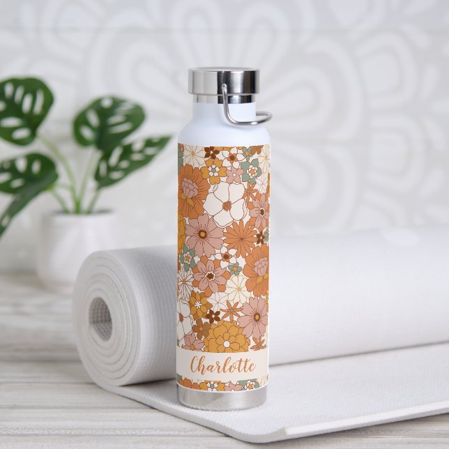 Bouteille D'eau Retro Terracotta Boho Floral Nom personnalisé (Yoga)