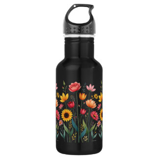 Bouteille d'eau réutilisable noire florale