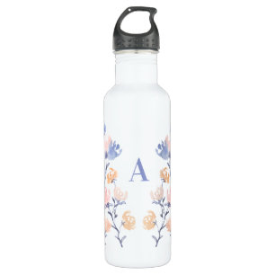Bouteille D'eau Rose et violet Monogramme de fleurs d'aquarelle