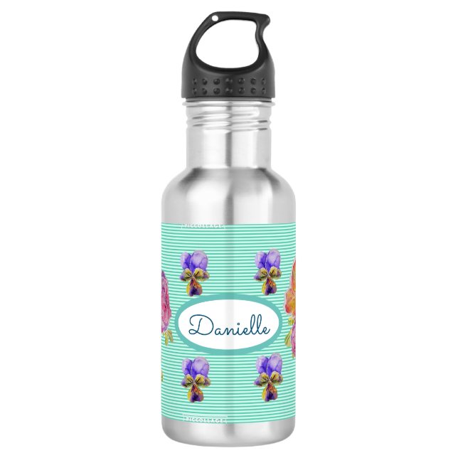 Bouteille D'eau Rose Floral Rose Jardin Femme Rose Aqua Stripe (Devant)
