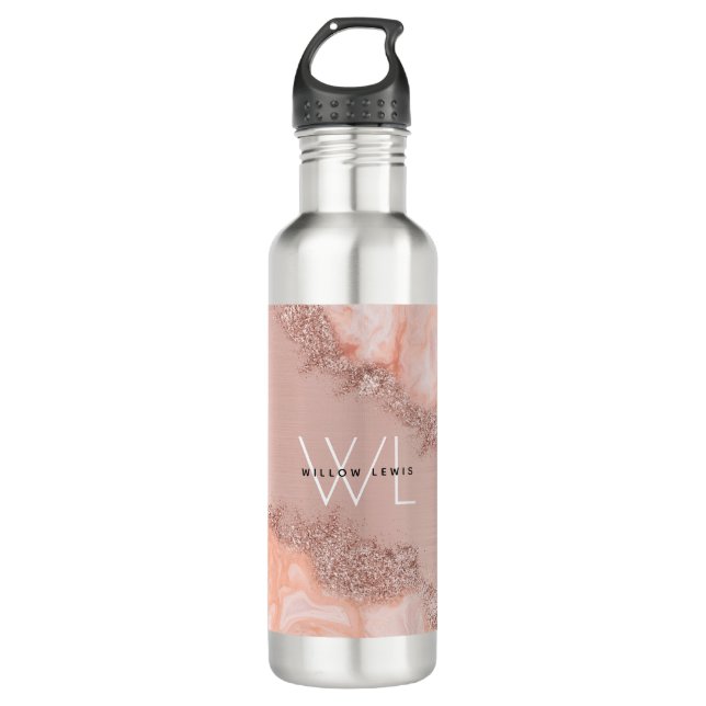 Bouteille D'eau Rose Gold Blush rose Agate Géode Parties scintilla (Devant)
