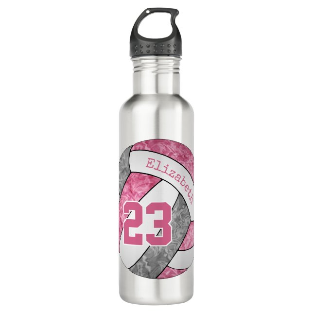 Bouteille D'eau rose gris filles nom jersey numéro volleyball (Devant)