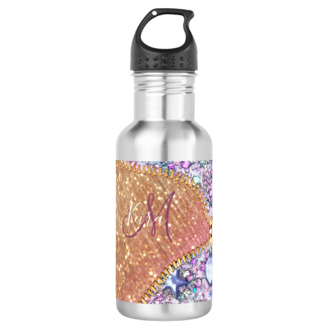 Bouteille D'eau Rose Monogramme de Parties scintillant d'or pour f (Devant)