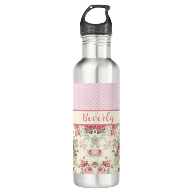 Bouteille D'eau Roses floraux roses et Pois roses et blancs (Devant)