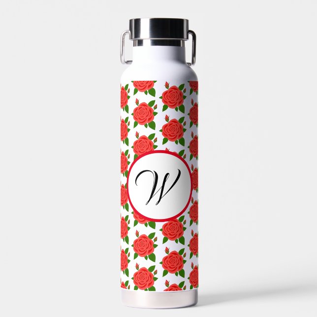 Bouteille D'eau Roses Rouges Avec Buds Monogramme Thor Isolé (Avant)