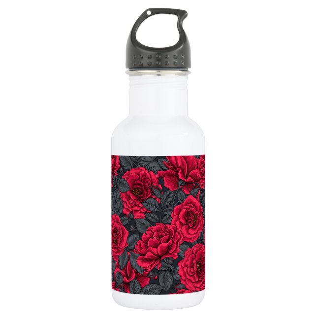 Bouteille D'eau Roses rouges avec feuilles gris sur noir (Devant)