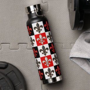 Bouteille D'eau Rouge Noir Blanc À damiers Fleur de lis Design