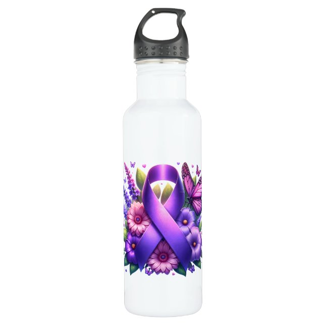 Bouteille D'eau Ruban de sensibilisation au pourpre (Devant)