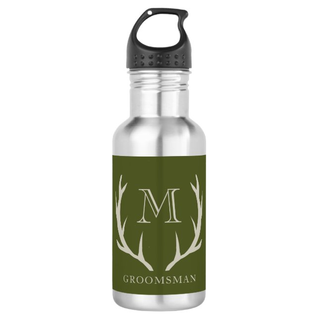 Bouteille D'eau Rustic Army Green Antler Personnalisé Groomsmen Ca (Devant)
