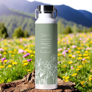 Bouteille D'eau Sage Green Fleur sauvage Garden Nom du monogramme