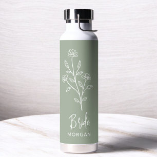 Bouteille D'eau Sage Green Mariée Main Scripté Nom Floral