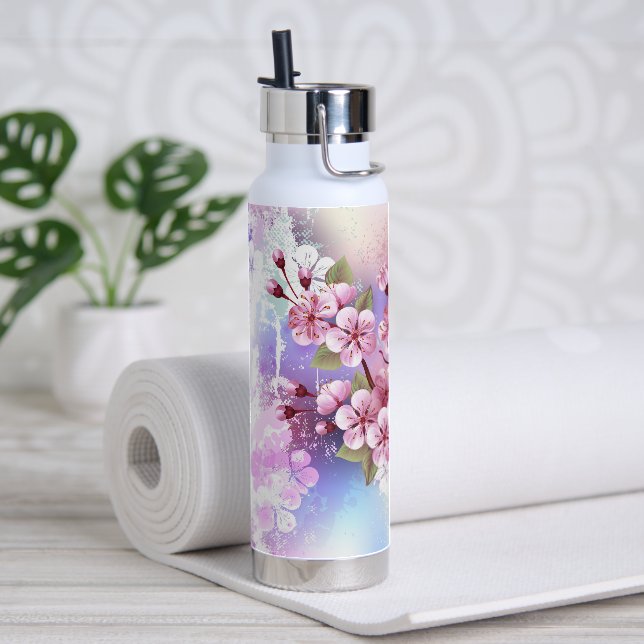 Bouteille D'eau Sakura rose sur la peinture Arrière - plan (Yoga)