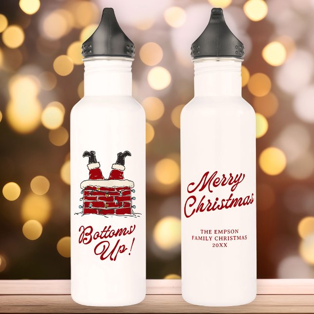Bouteille D'eau Santa Bottoms Up Funny Christmas Holiday (White water bottle with Santa legs in a chimney, holiday light string, and “Bottoms Up!” in bold red)