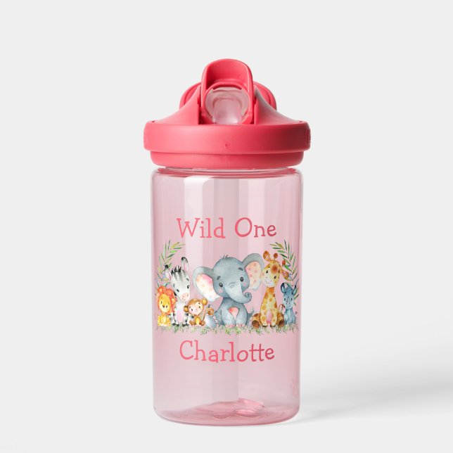 Bouteille D'eau Sauvage Un 1er Anniversaire Safari Animaux Rose (Avant)