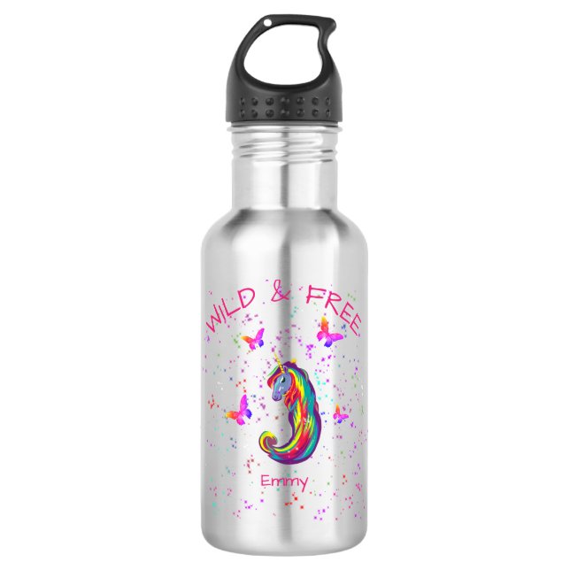 Bouteille D'eau Sauvages et licorne gratuites avec papillons (Devant)