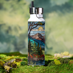 Bouteille D'eau Scène de montagne boisée vitrail vintage