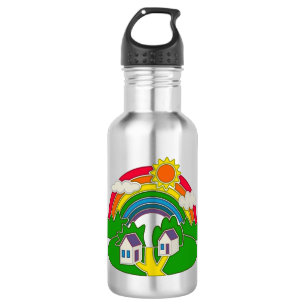 Bouteille D'eau Scène rurale de dessin animé avec arc-en-ciel et m
