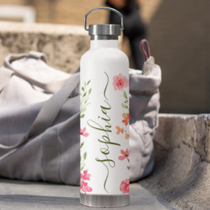 Bouteille D'eau Script floral à l'aquarelle chic personnalisé