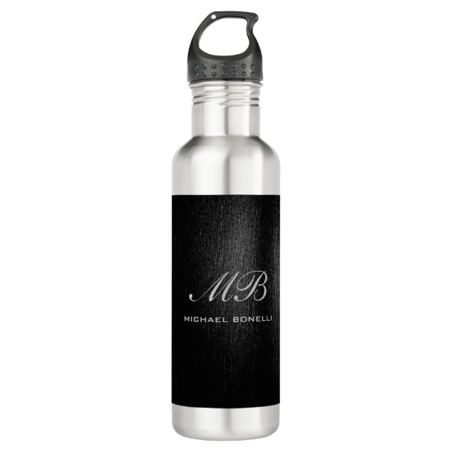 Bouteille D'eau Script monogramme noir gris moderne mignon (Devant)