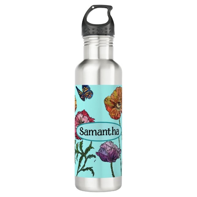 Bouteille D'eau Shabby Poppy Red Purple sur Aqua Nom personnalisab (Devant)