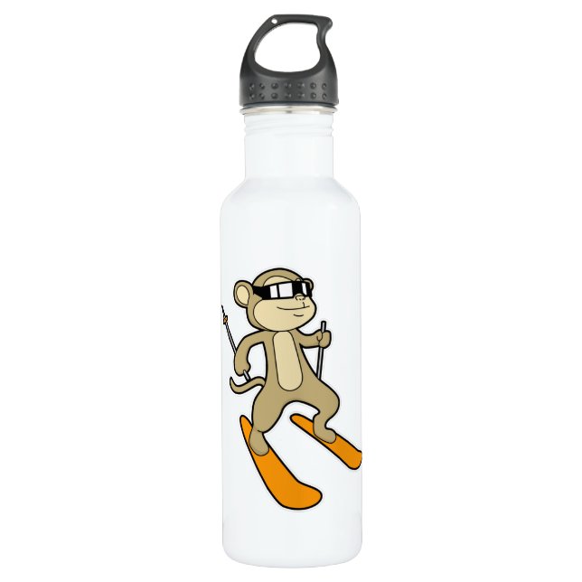 Bouteille D'eau Singe comme skieur avec ski (Devant)