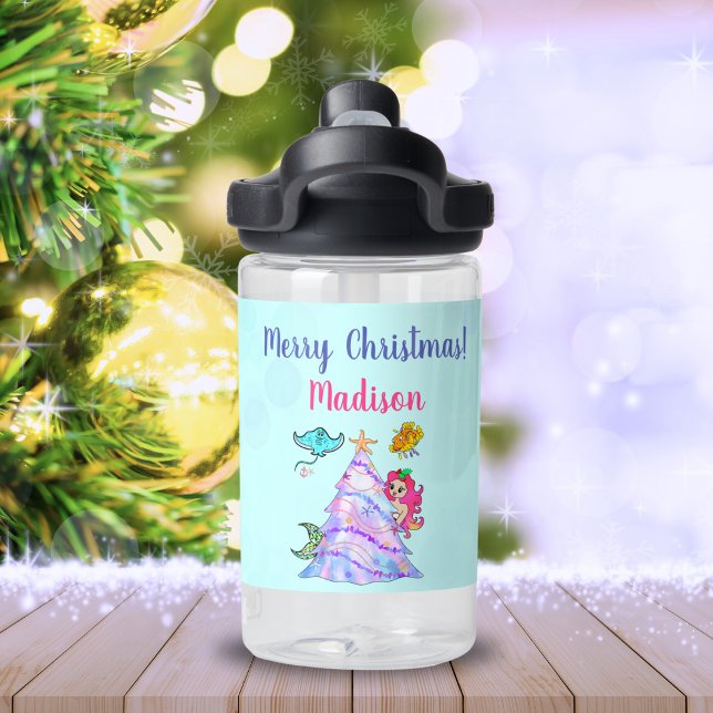 Bouteille D'eau Sirène & Amis Décorant Arbre de Noël Nom (Transform hydration with our Merry Christmas Mermaid kids' water bottle, a festive delight joy!)