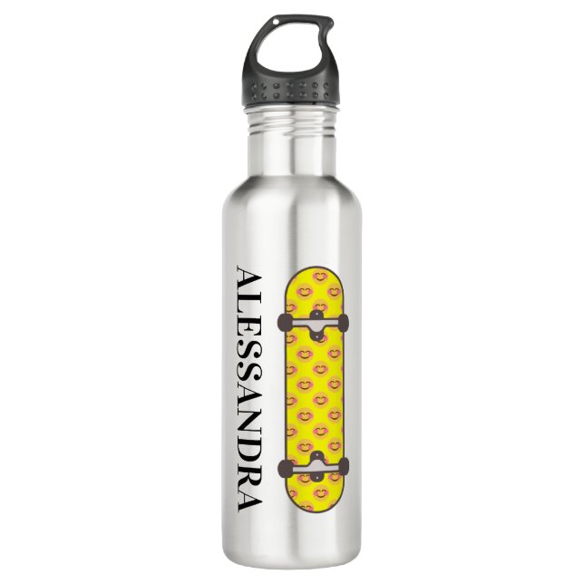 Bouteille D'eau Skateboard souriant visage motif et nom personnali (Devant)