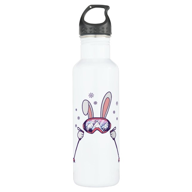 Bouteille D'eau Ski Rabbit avec bâtons de ski et lunettes de ski (Devant)