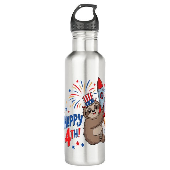 Bouteille D'eau Sloth Happy 4th Rocket Fireworks USA (Devant)