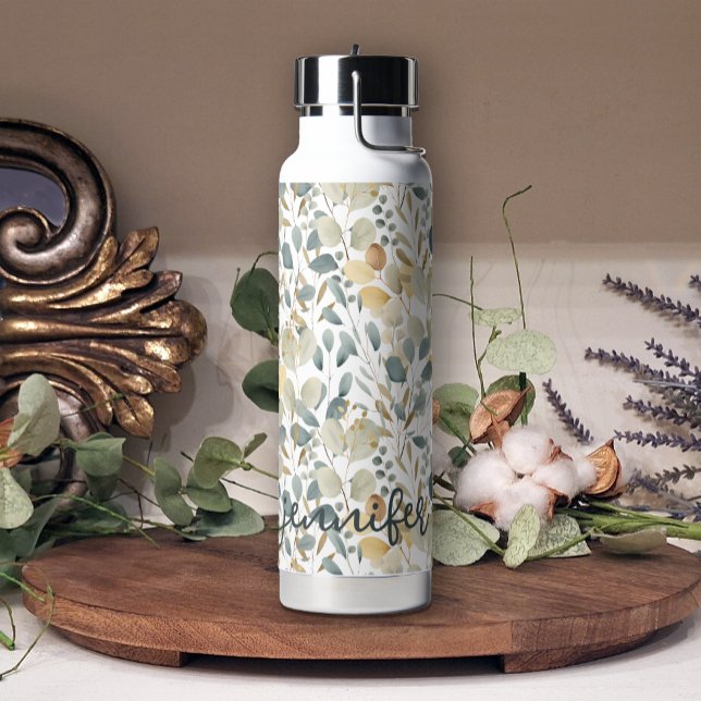 Bouteille D'eau Soft Blue Gold jolie feuille Floral Ajouter un nom (Créateur téléchargé)