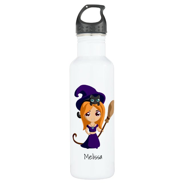Bouteille D'eau Sorcière mignonne en Casquette violet Halloween (Devant)