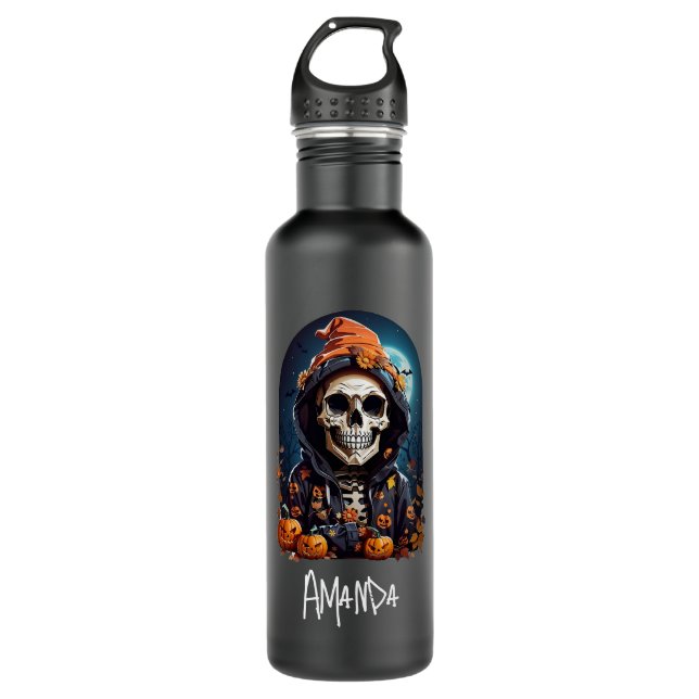 Bouteille D'eau Squelette éffrayant avec Citrouilles mal (Devant)