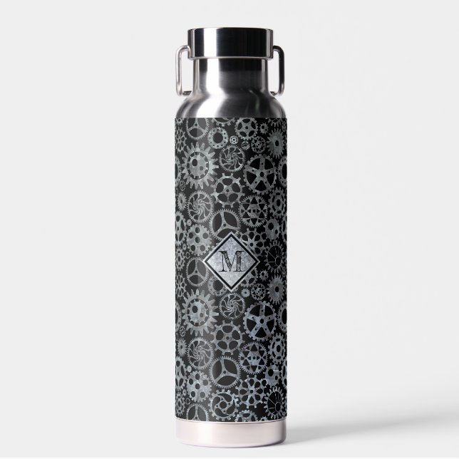 Bouteille D'eau Steampunk Argent Zinc engrenages Personnalisé Mono (Avant)