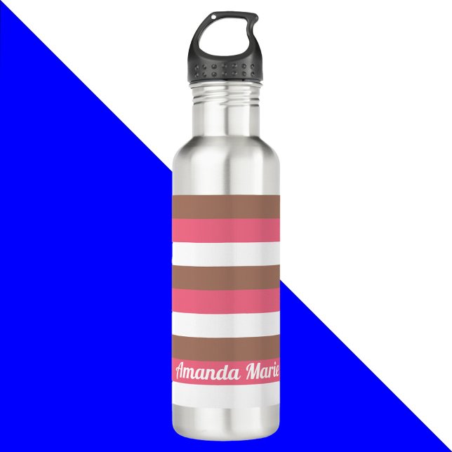 Bouteille D'eau Stripes Personnaliser Pink Brown Blanc (A pink, brown and white stripe water bottle with text that you can personalize!)
