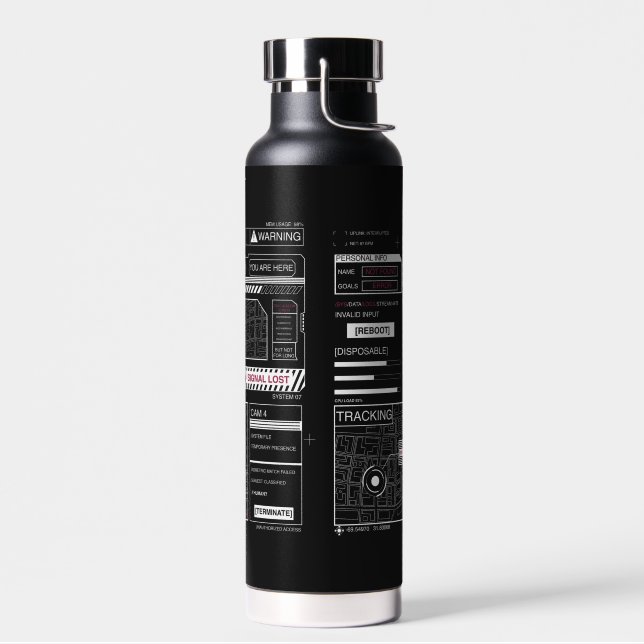 Bouteille D'eau Suivi - Techno-Brutalist Streetwear Design (Gauche)