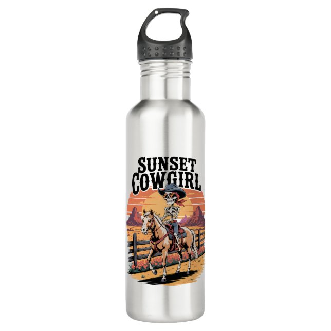 Bouteille D'eau Sunset Cowgirl Skeleton équitation Cheval (Devant)
