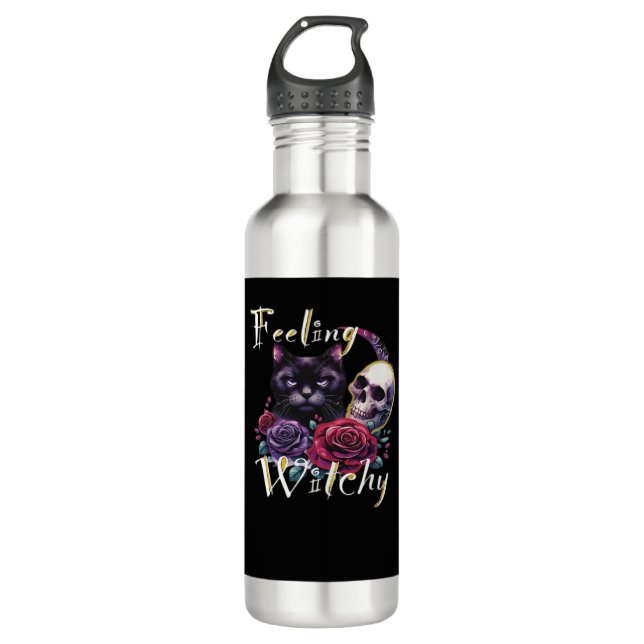 Bouteille D'eau T-Shirt classique de chat noir en cuisine (Devant)