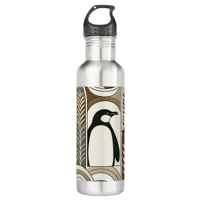 Bouteille D'eau Taupe Mocha Arcs Abstraits de grains Motif Penguin (Devant)