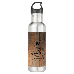 Bouteille D'eau Texture en bois rustique et monogramme de cerfs su