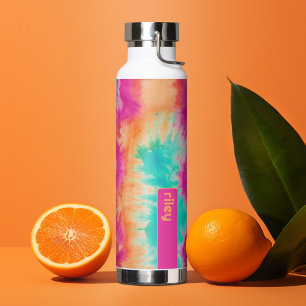 Bouteille D'eau Tie Dye Motif Hot rose orange Turquoise - nom pers