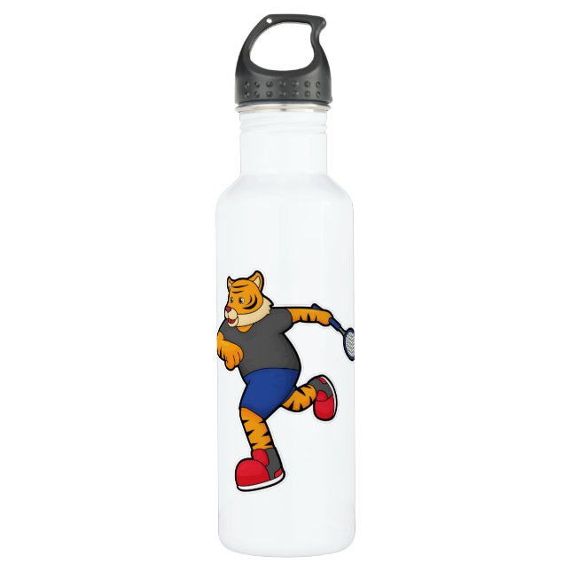 Bouteille D'eau Tiger en tant que joueur de tennis avec raquette d (Devant)