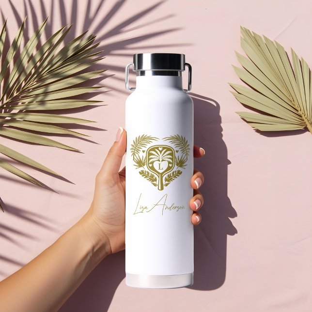 Bouteille D'eau Tir Tropical Rétro Palmier Shower de Mariage de Pi (Retro Tropical Palm Tree Pickleball Bridal Shower Water Bottle)